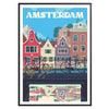 Stylized Amsterdam cityscape poster in gray and blue, modern minimalist print - in a black frame