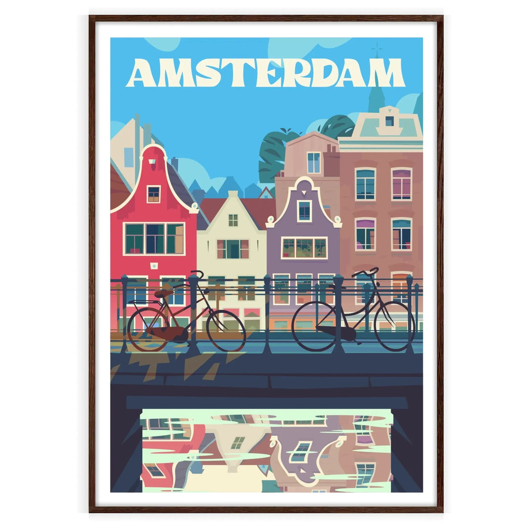Stylized Amsterdam cityscape poster in gray and blue, modern minimalist print - in a walnut frame