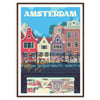 Stylized Amsterdam cityscape poster in gray and blue, modern minimalist print - in a walnut frame