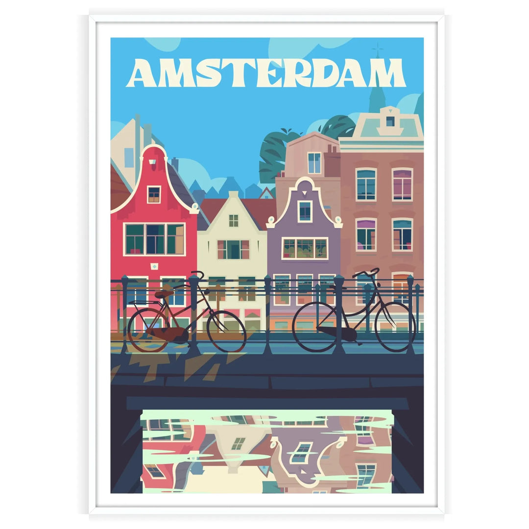 Stylized Amsterdam cityscape poster in gray and blue, modern minimalist print - in a white frame