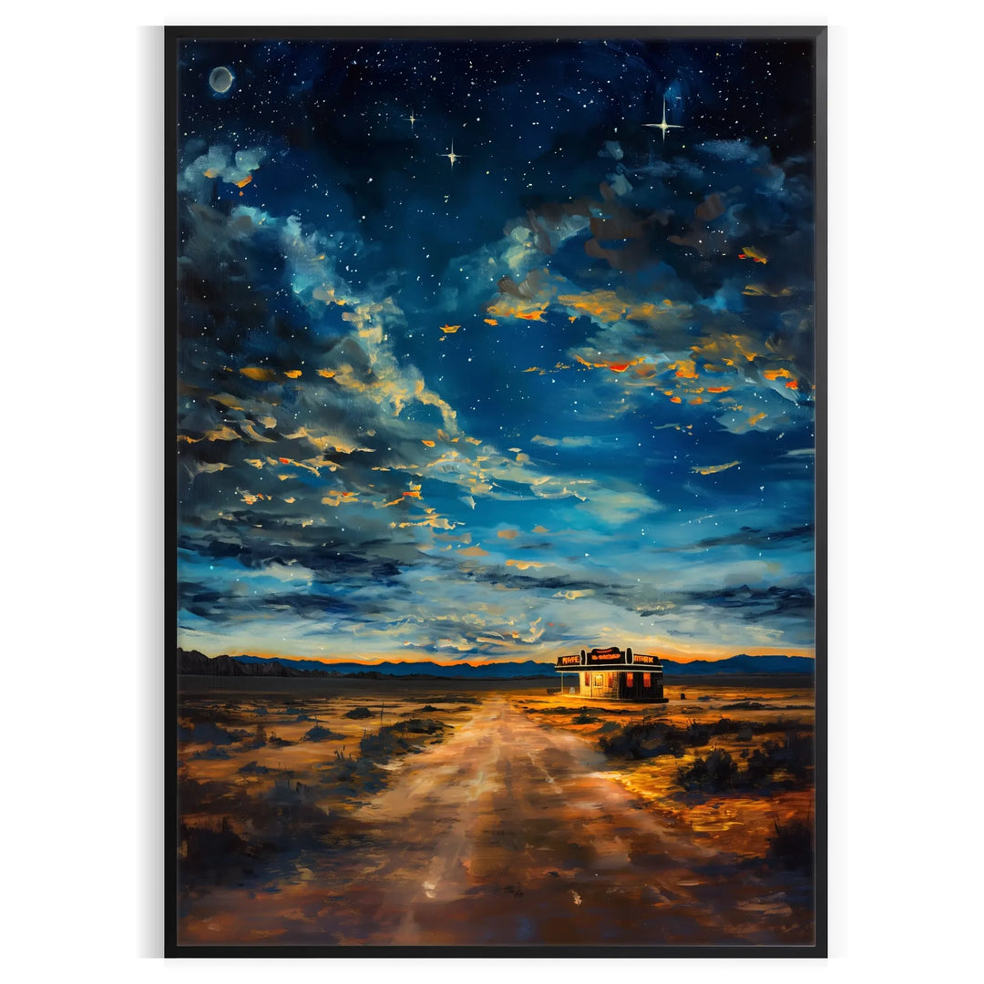 Antique oil painting depicting a lush green landscape with serene blue skies