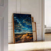 Antique oil painting depicting a lush green landscape with serene blue skies - leaning on a herringbone floor against a white panelled wall