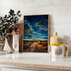 Antique oil painting depicting a lush green landscape with serene blue skies - styled on a counter with eucalyptus and a bowl of lemons