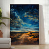 Antique oil painting depicting a lush green landscape with serene blue skies - in a bright minimalist room with a plant and an armchair