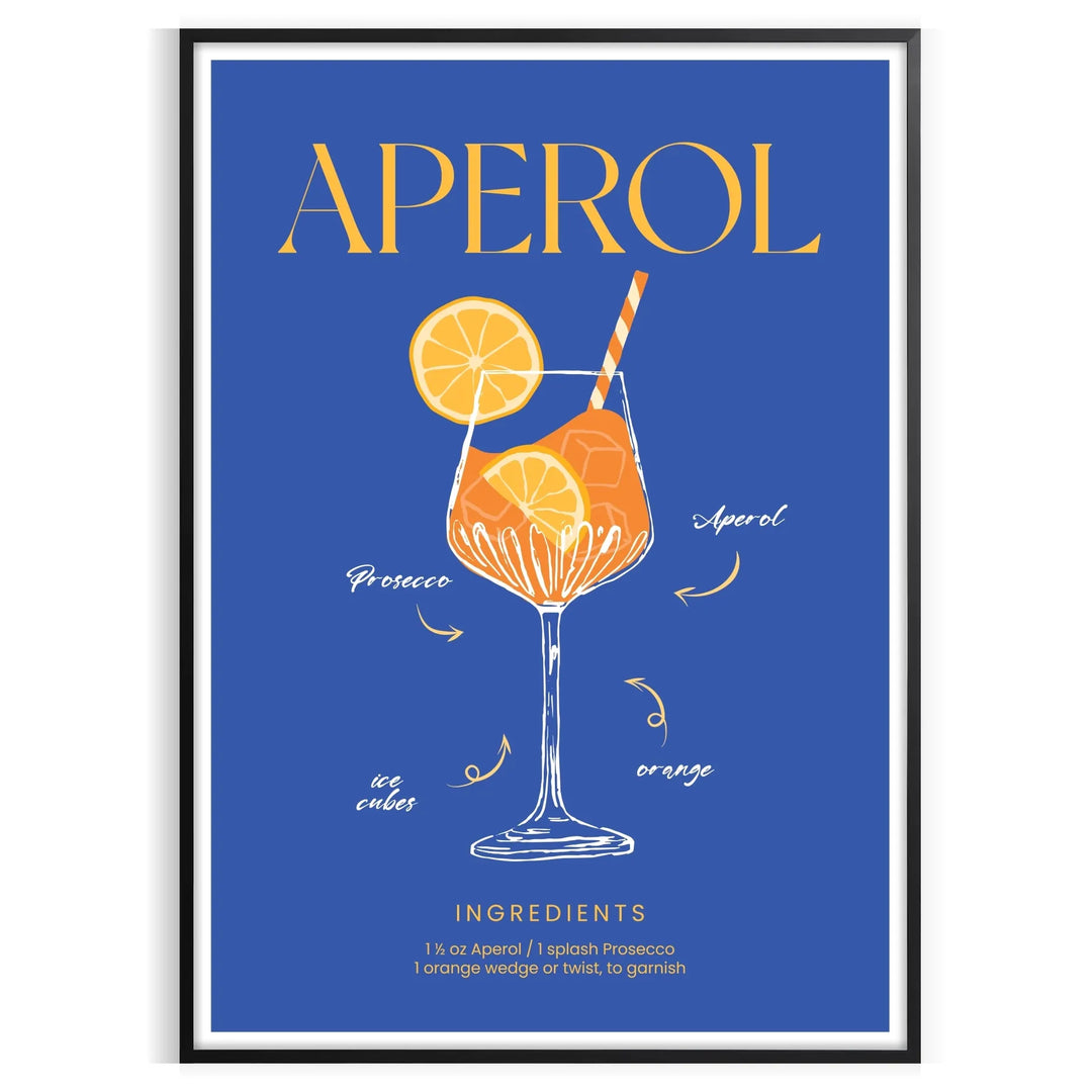 Aperol cocktail poster in bold blue and yellow modern abstract illustration