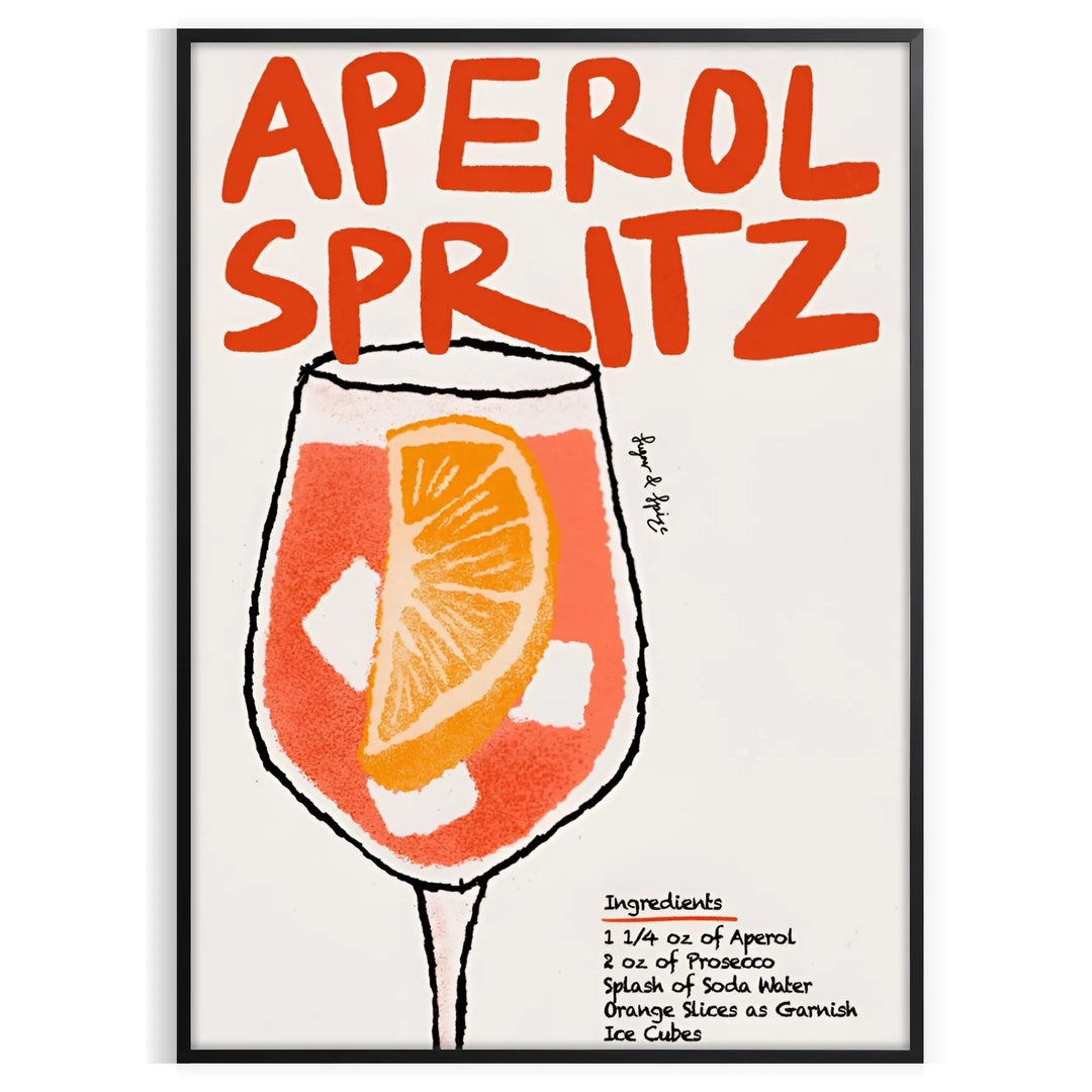 Poster showing stylized Aperol Spritz cocktail in bold orange and black