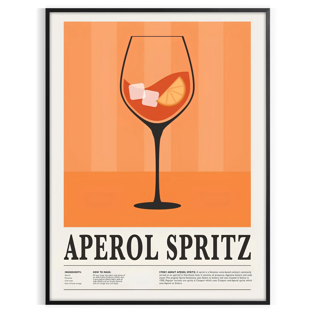 Minimalist graphic art of an Aperol Spritz cocktail in orange and black