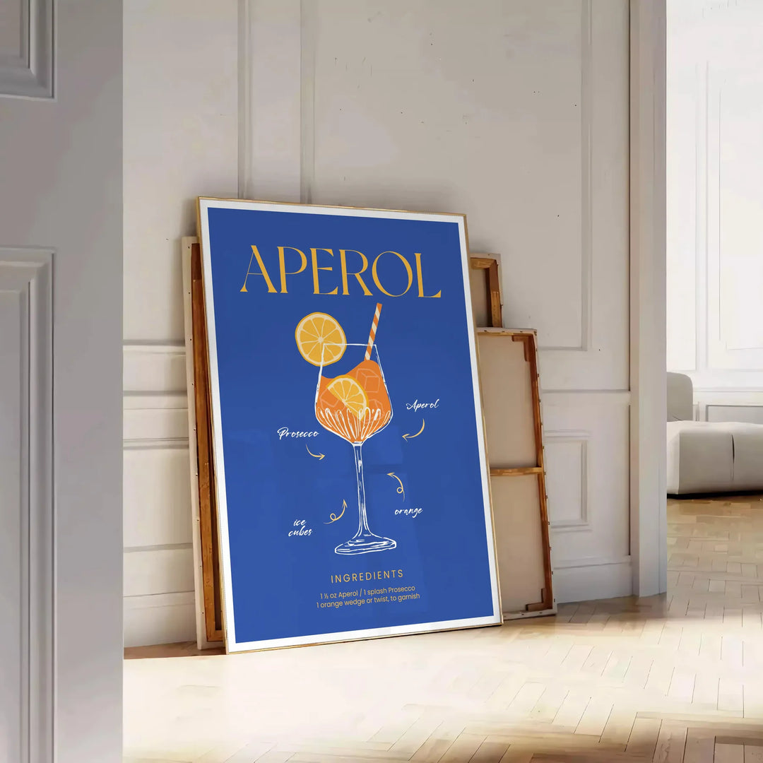 Aperol cocktail poster in bold blue and yellow modern abstract illustration - leaning on a herringbone floor against a white panelled wall