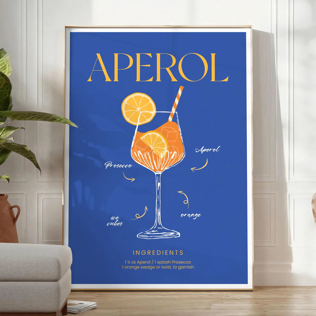 Aperol cocktail poster in bold blue and yellow modern abstract illustration - in a bright minimalist room with a plant and an armchair