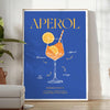 Aperol cocktail poster in bold blue and yellow modern abstract illustration - in a bright minimalist room with a plant and an armchair