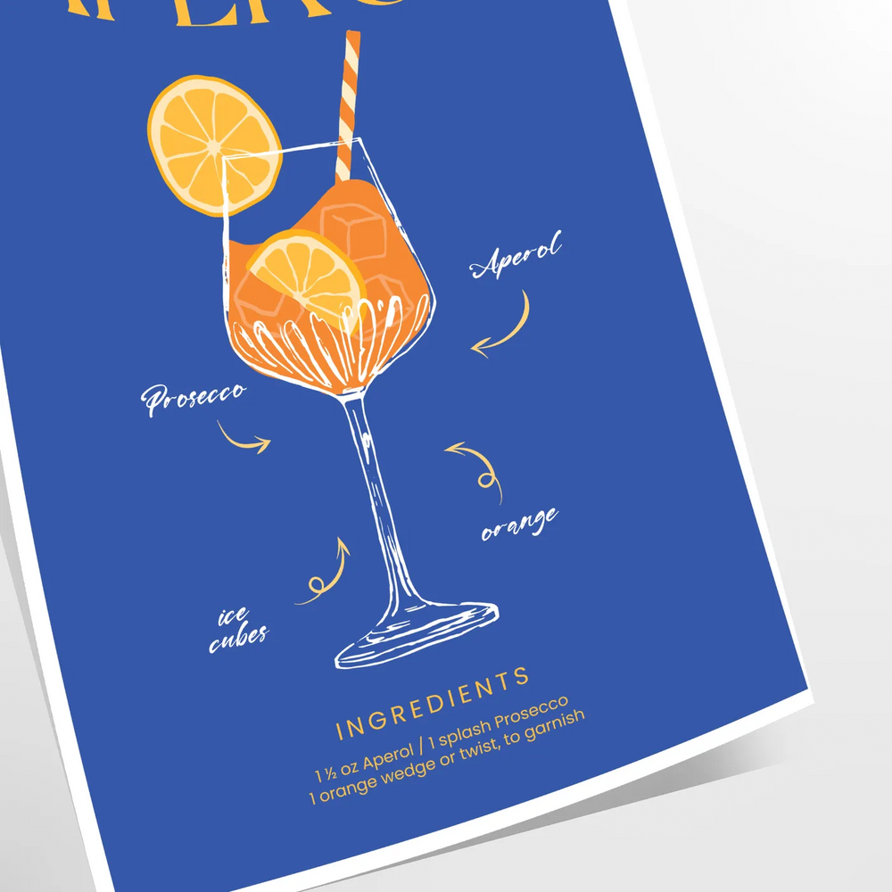 Aperol cocktail poster in bold blue and yellow modern abstract illustration