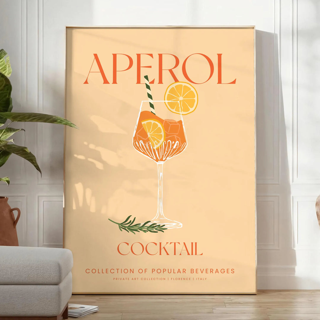 Poster showing stylized Aperol cocktail illustration in orange and gray tones - in a bright minimalist room with a plant and an armchair
