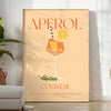 Poster showing stylized Aperol cocktail illustration in orange and gray tones - in a bright minimalist room with a plant and an armchair