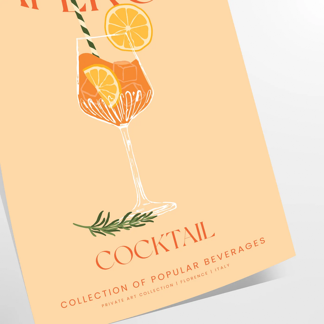 Poster showing stylized Aperol cocktail illustration in orange and gray tones