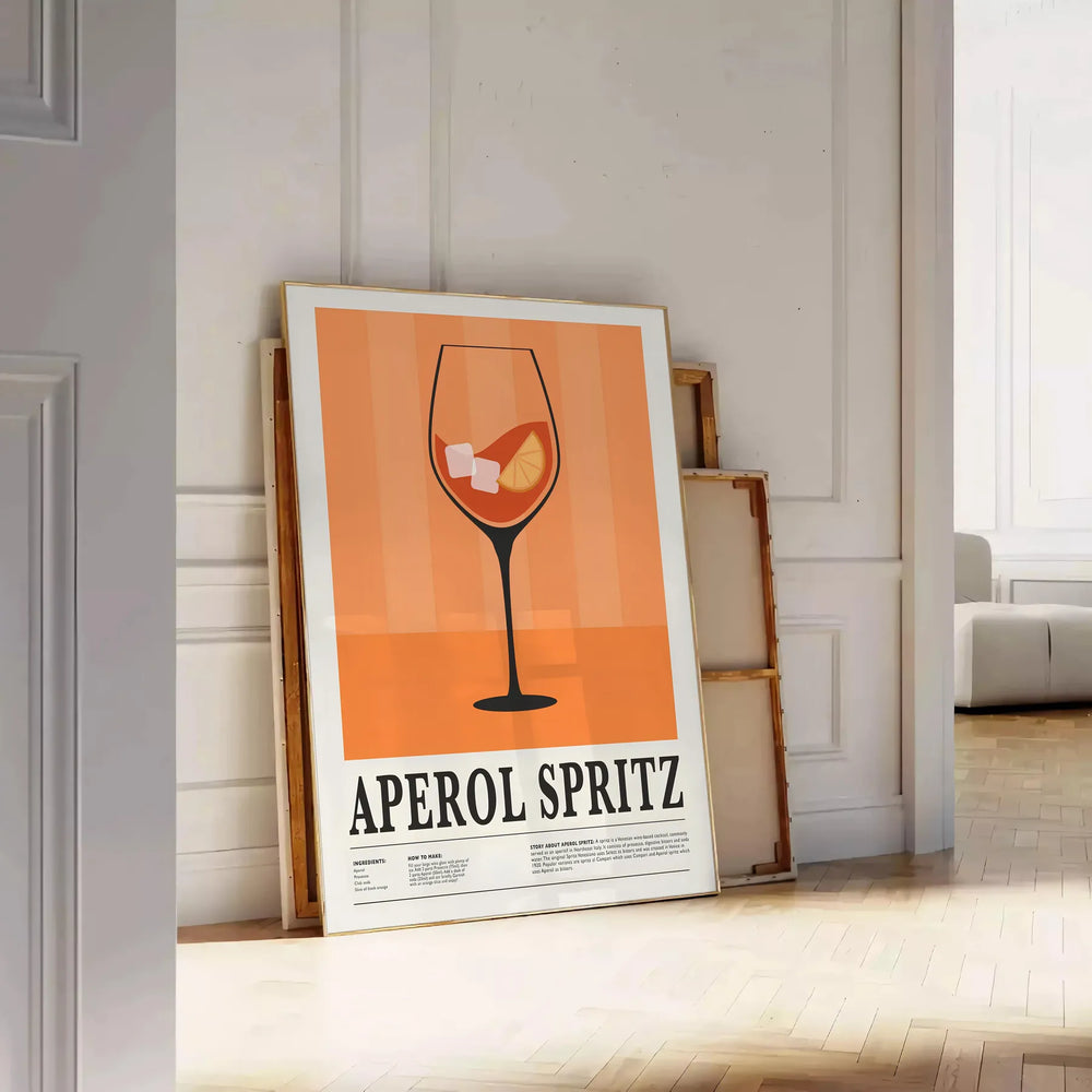 Minimalist graphic art of an Aperol Spritz cocktail in orange and black
