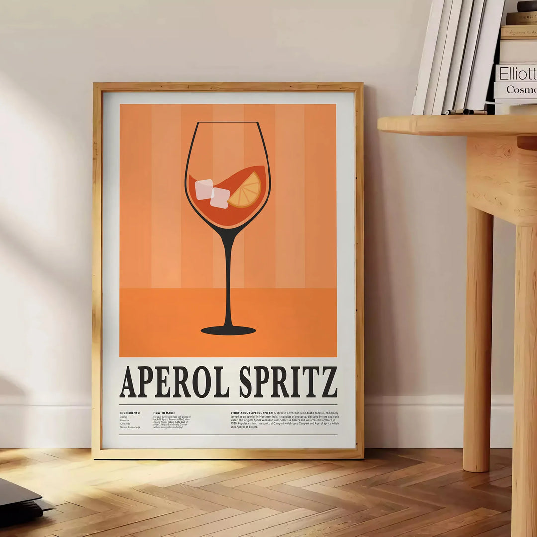 Minimalist graphic art of an Aperol Spritz cocktail in orange and black - beside a round wooden side table with books