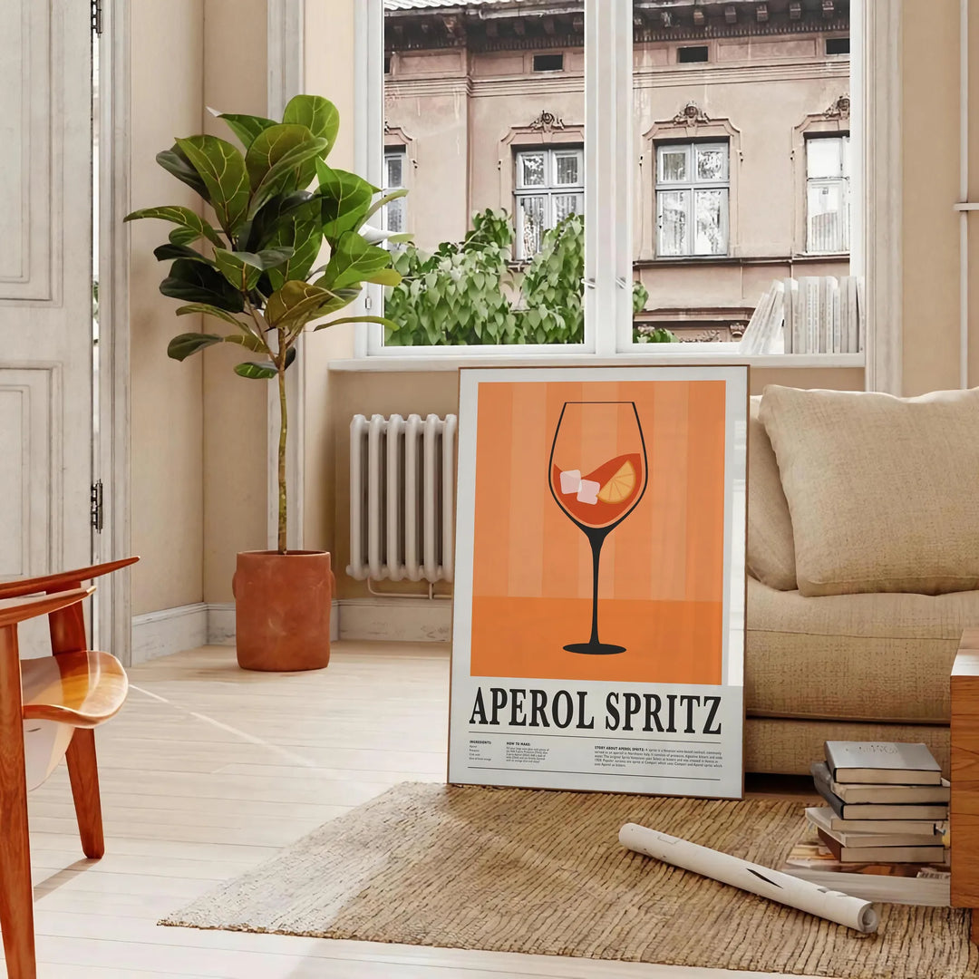 Minimalist graphic art of an Aperol Spritz cocktail in orange and black - in a Parisian living room with a sofa and a fig plant