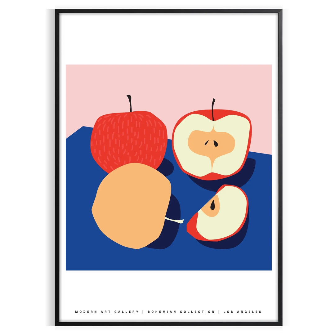 Artwork featuring a realistic apple against a textured blue background