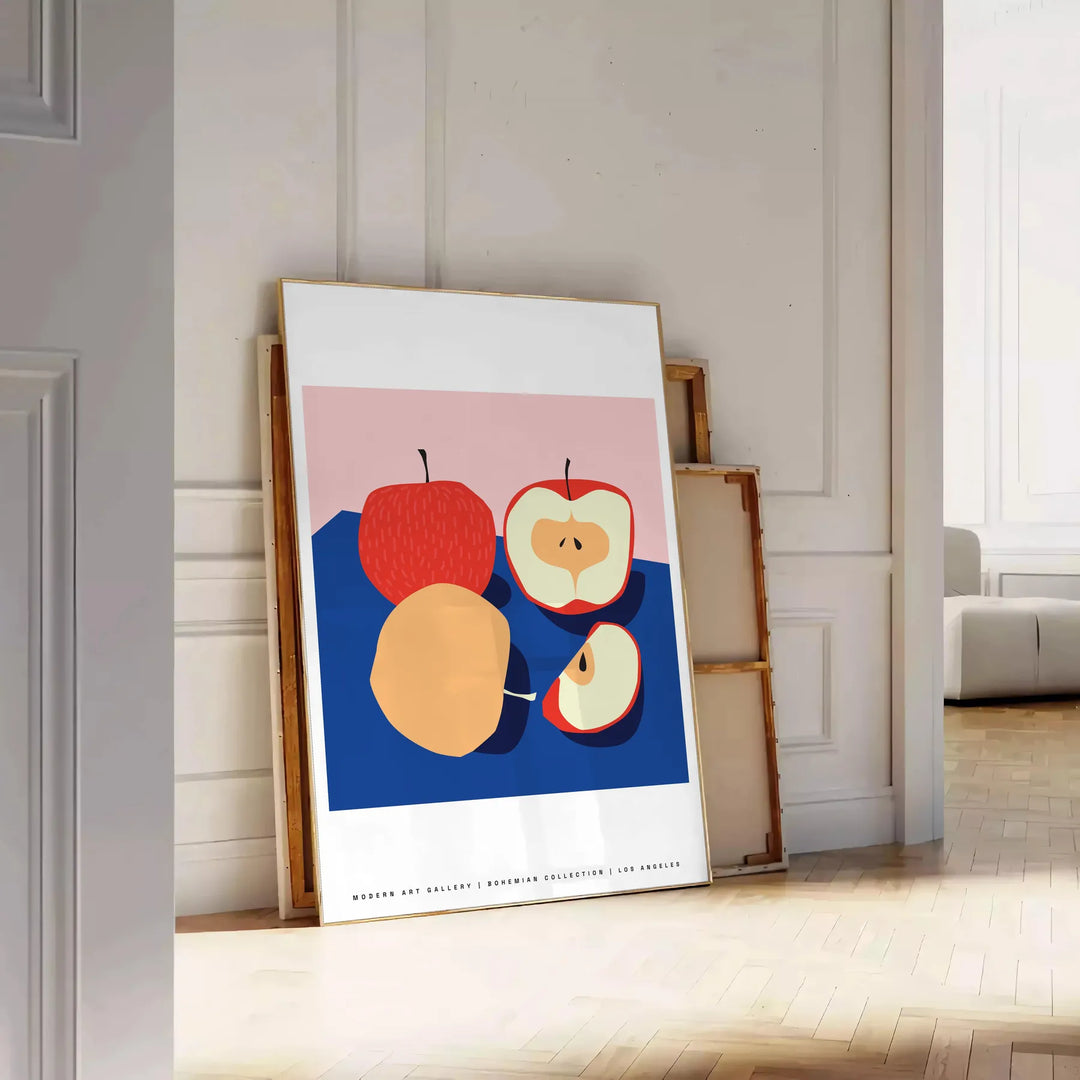 Artwork featuring a realistic apple against a textured blue background - leaning on a herringbone floor against a white panelled wall