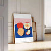 Artwork featuring a realistic apple against a textured blue background - leaning on a herringbone floor against a white panelled wall