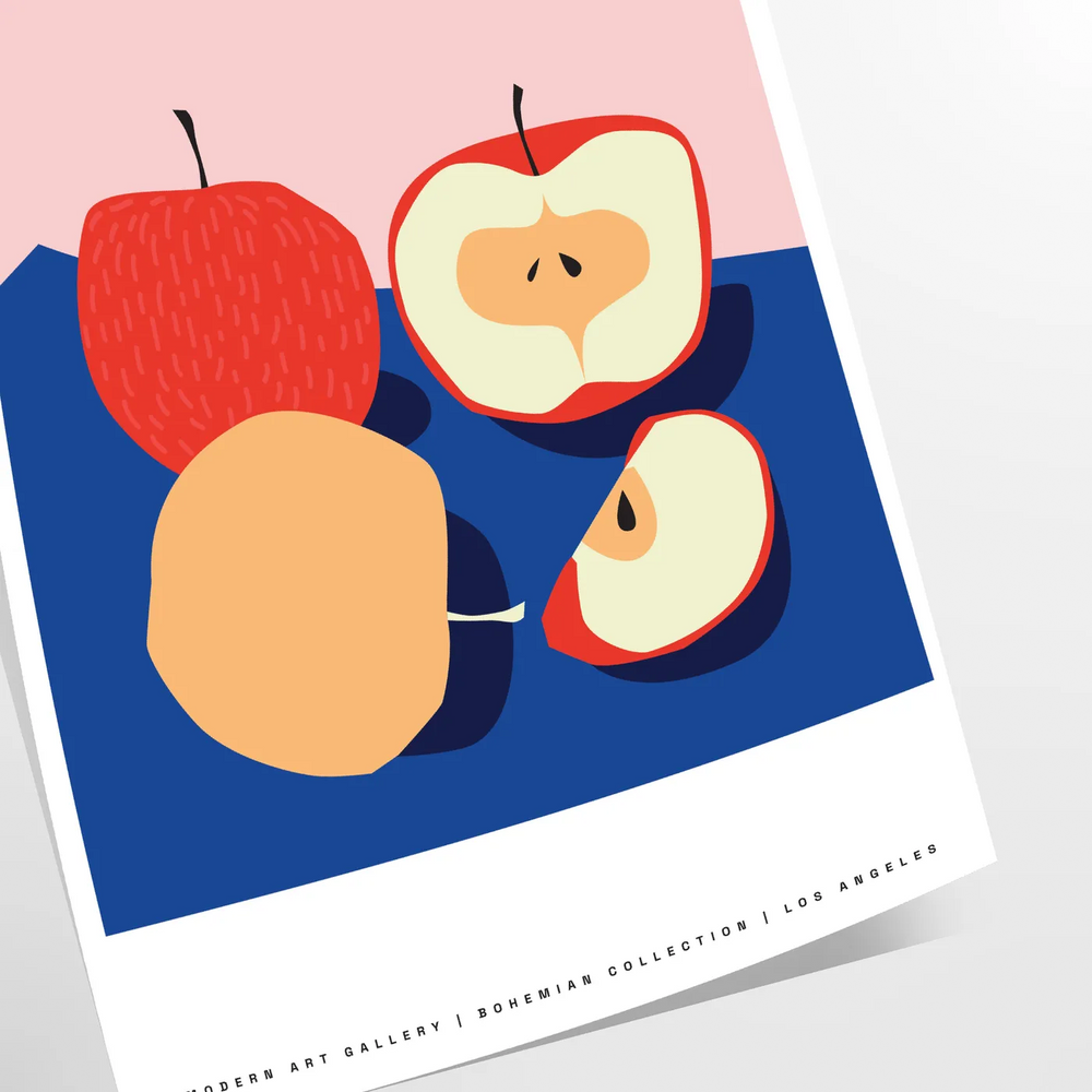Artwork featuring a realistic apple against a textured blue background