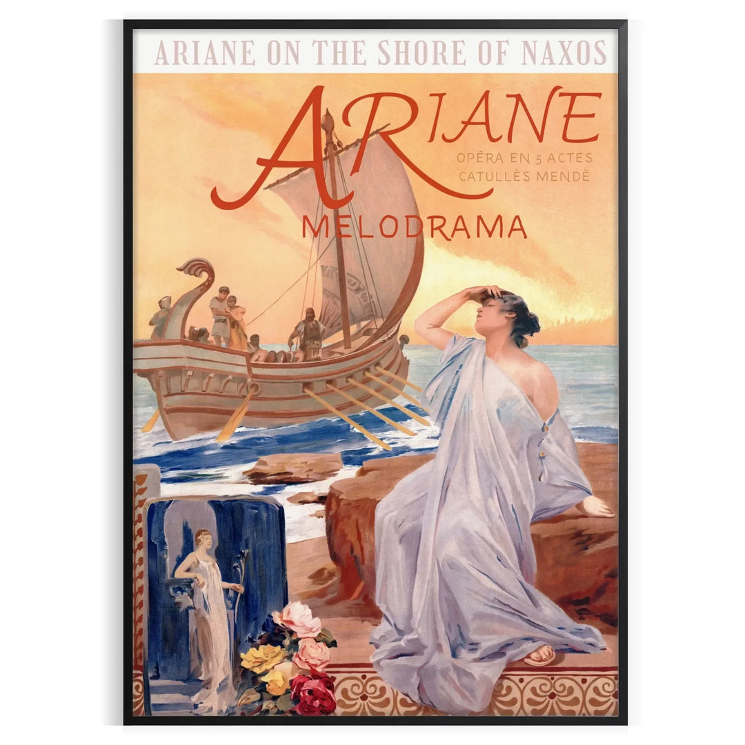 Vintage poster featuring a gray silhouette of the Ariane rocket against a brown background