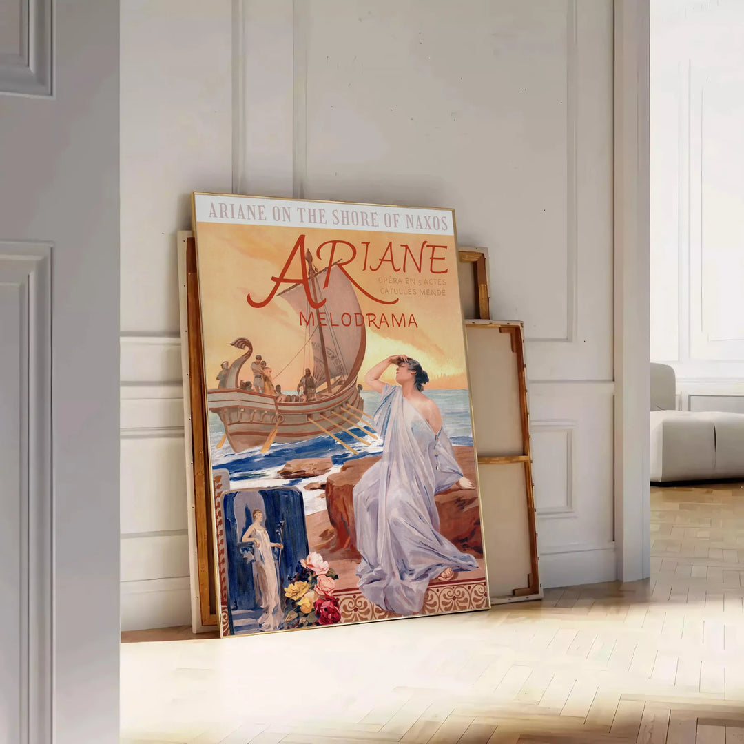Vintage poster featuring a gray silhouette of the Ariane rocket against a brown background - leaning on a herringbone floor against a white panelled wall