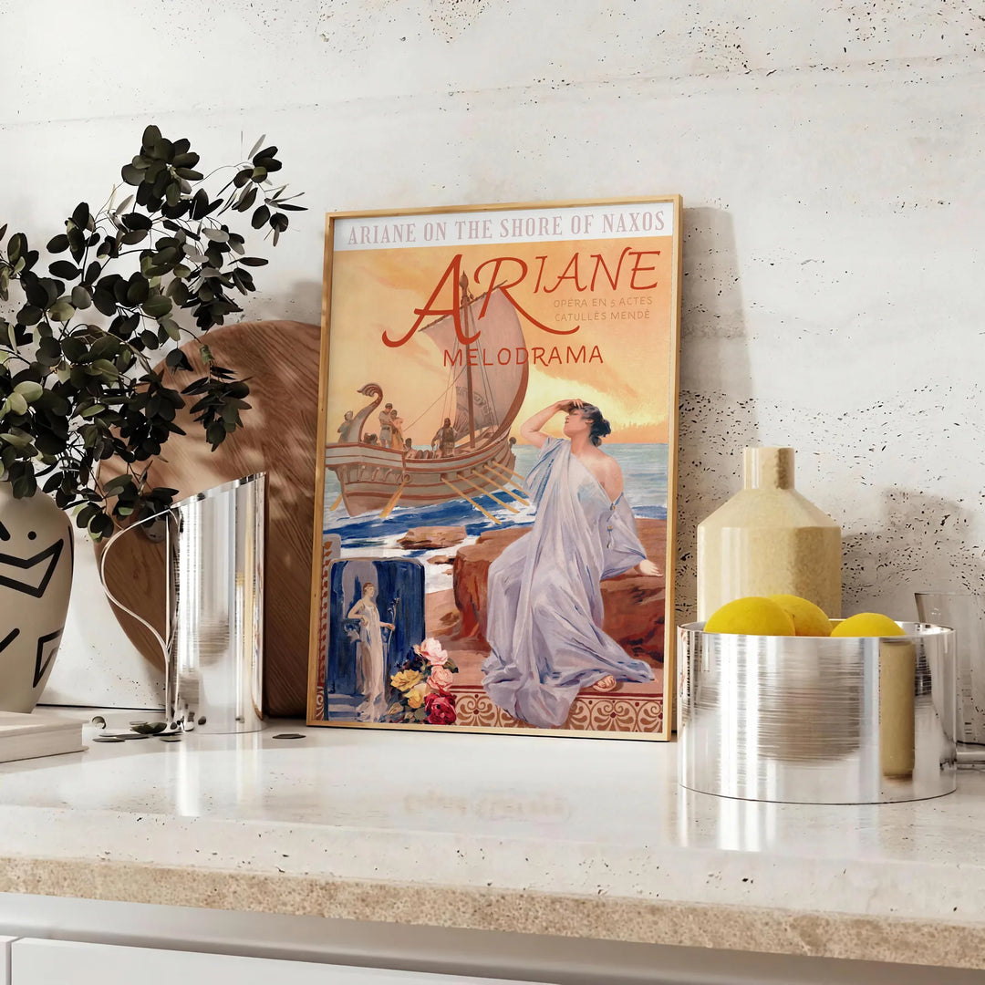 Vintage poster featuring a gray silhouette of the Ariane rocket against a brown background - styled on a counter with eucalyptus and a bowl of lemons