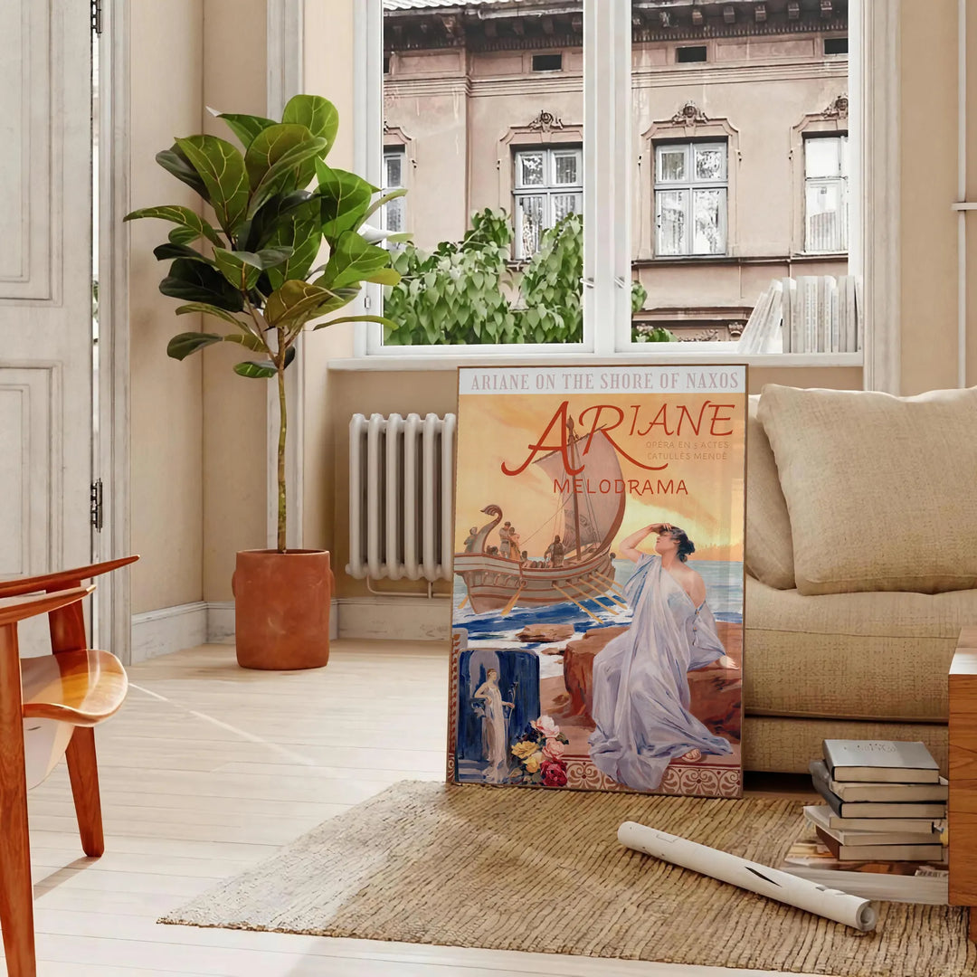 Vintage poster featuring a gray silhouette of the Ariane rocket against a brown background - in a Parisian living room with a sofa and a fig plant