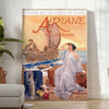 Vintage poster featuring a gray silhouette of the Ariane rocket against a brown background - in a bright minimalist room with a plant and an armchair