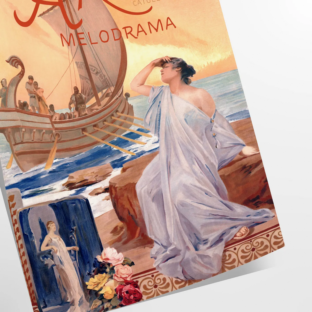Vintage poster featuring a gray silhouette of the Ariane rocket against a brown background - as a rolled, unframed print