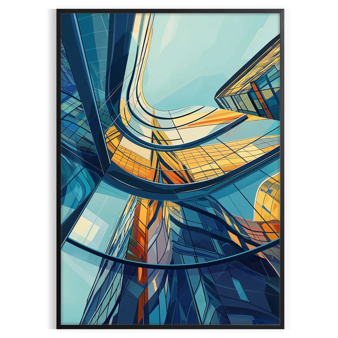 Green and blue Art Deco building painting style poster for wall