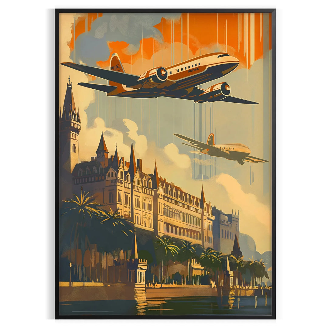 Art Deco travel scene with green and orange hues