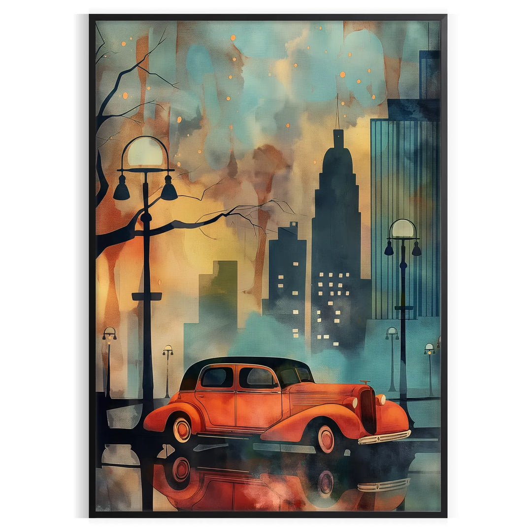 Art Deco travel poster with green and orange painting-style landscape