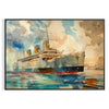 Art Deco travel poster showing stylized green and blue landscape painting - in a black frame