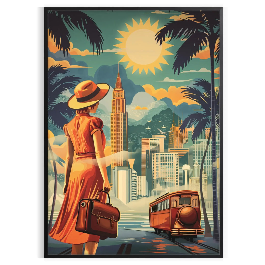 Art Deco travel poster featuring stylized buildings in green and yellow