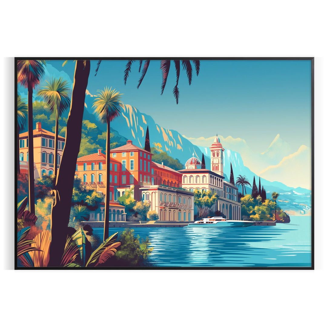 Art Deco travel poster, painting style, gray and black tones