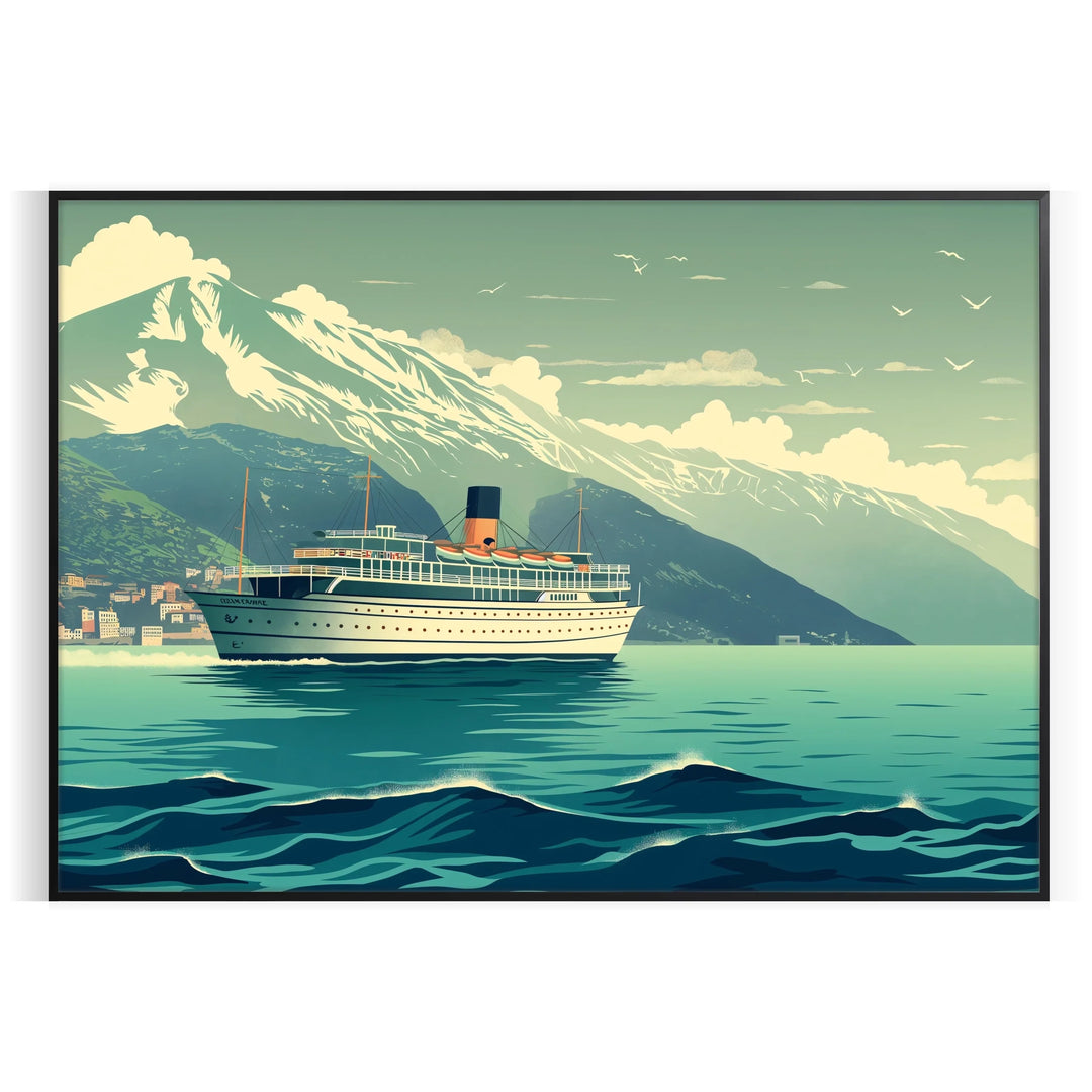 Art Deco travel poster with green and blue painting-style landscape