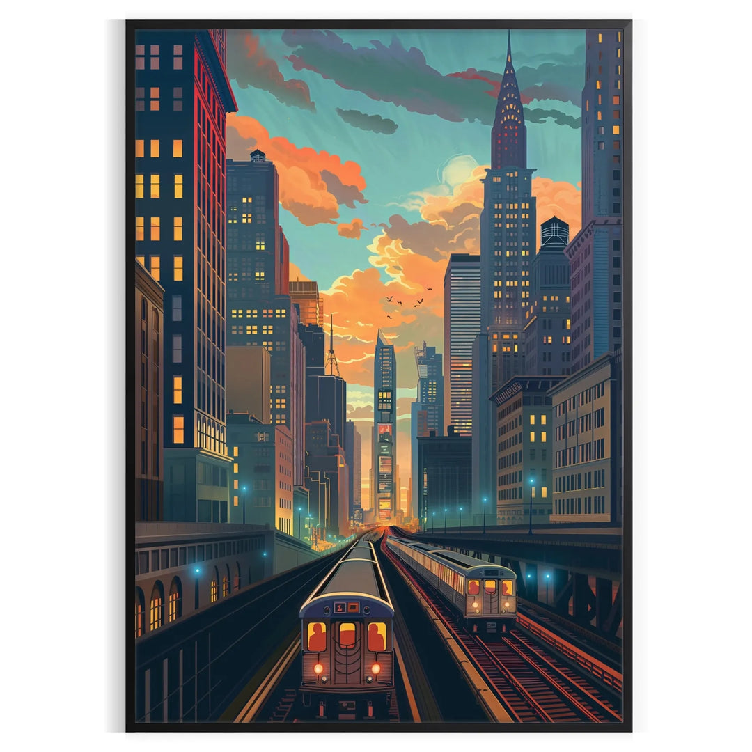 Art Deco travel poster featuring a stylized landscape in green and blue tones