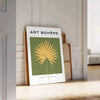 Bohemian kitchen art poster in black and blue, minimalist illustration - leaning on a herringbone floor against a white panelled wall