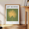 Bohemian kitchen art poster in black and blue, minimalist illustration - beside a round wooden side table with books