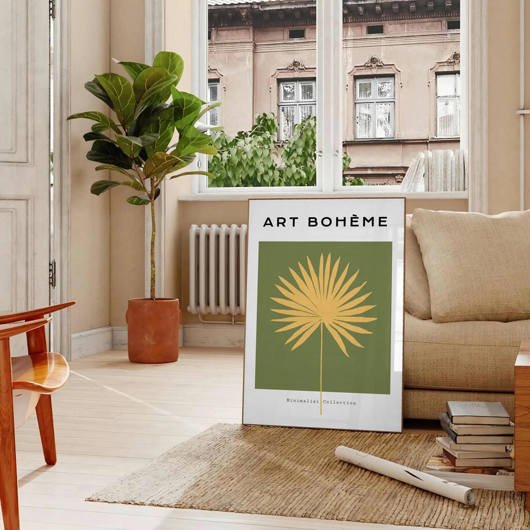 Bohemian kitchen art poster in black and blue, minimalist illustration - in a Parisian living room with a sofa and a fig plant