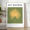 Bohemian kitchen art poster in black and blue, minimalist illustration - in a bright minimalist room with a plant and an armchair