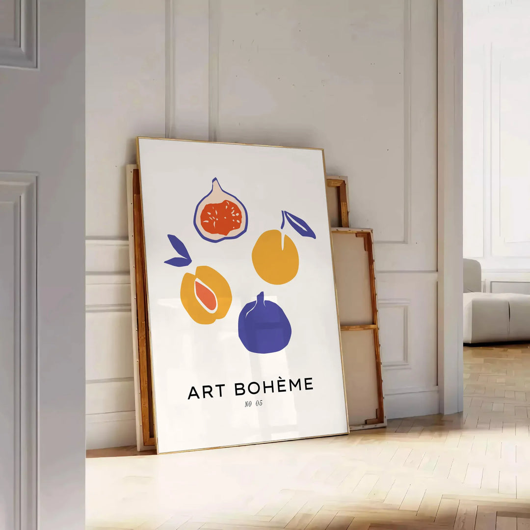 Bohemian kitchen art poster with gray and orange abstract composition - leaning on a herringbone floor against a white panelled wall