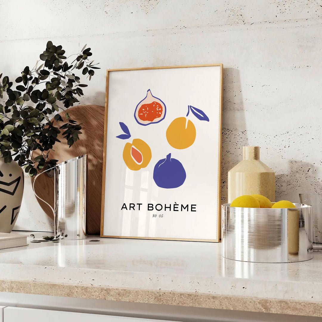 Bohemian kitchen art poster with gray and orange abstract composition - styled on a counter with eucalyptus and a bowl of lemons