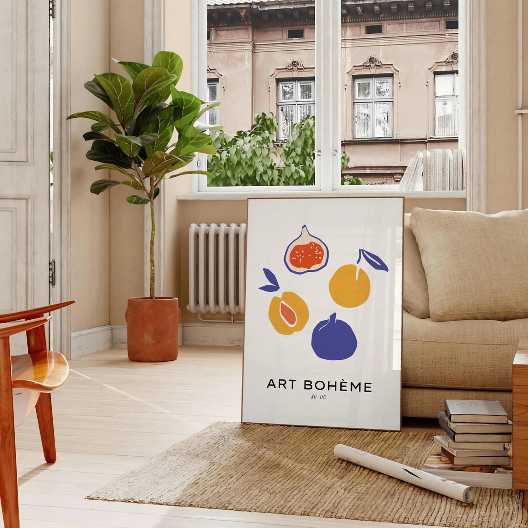 Bohemian kitchen art poster with gray and orange abstract composition - in a Parisian living room with a sofa and a fig plant