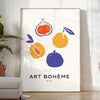 Bohemian kitchen art poster with gray and orange abstract composition - in a bright minimalist room with a plant and an armchair