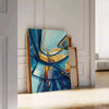 Green and blue Art Deco building painting style poster for wall - leaning on a herringbone floor against a white panelled wall