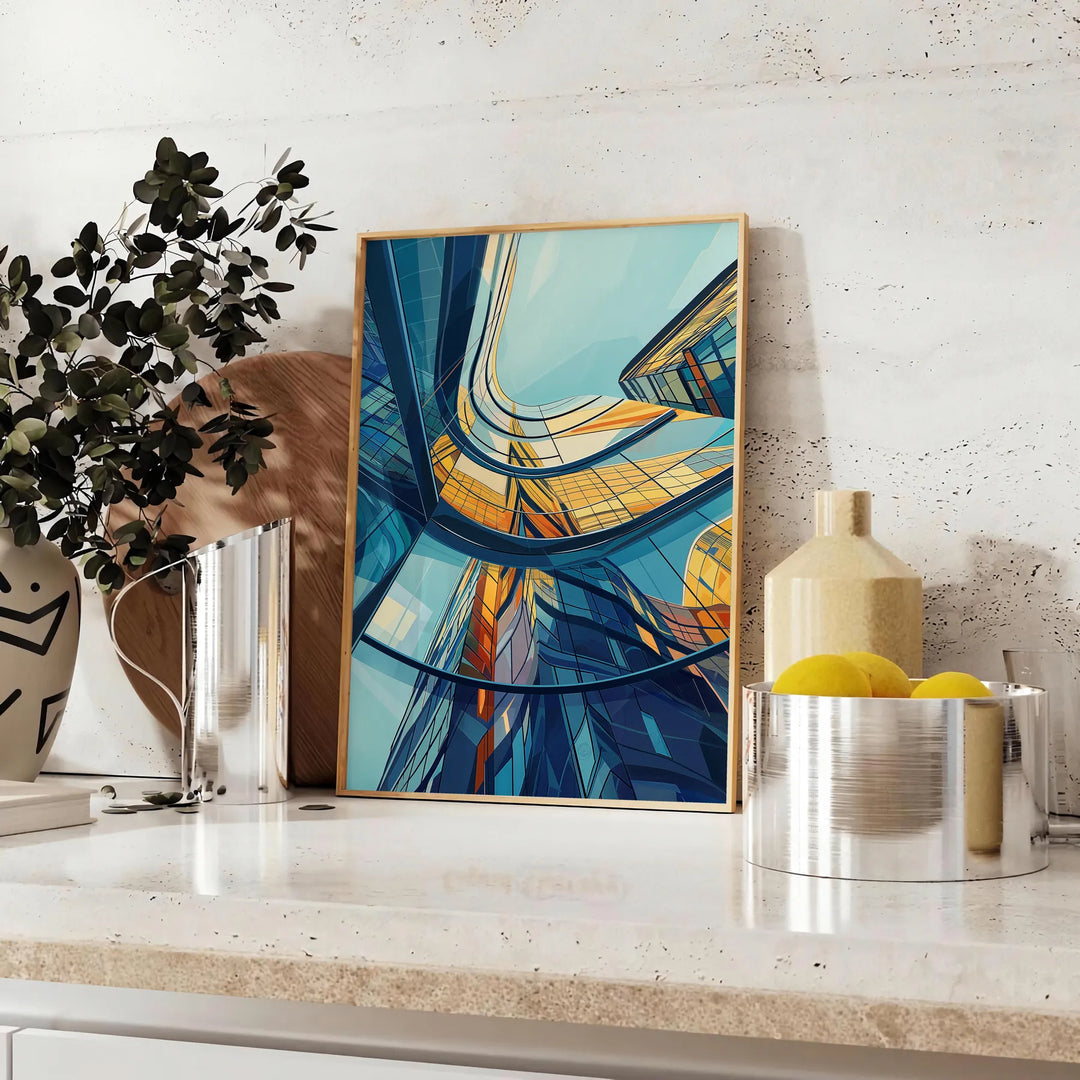 Green and blue Art Deco building painting style poster for wall - styled on a counter with eucalyptus and a bowl of lemons