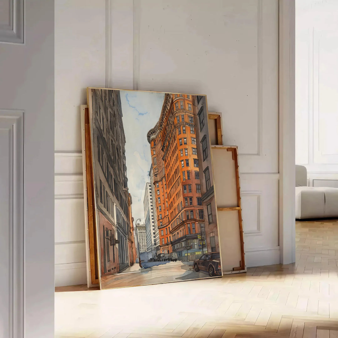 Art Deco building watercolor poster in black and green, architecture print. - leaning on a herringbone floor against a white panelled wall